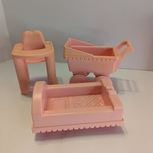 Playskool Vintage 1990 Loving Family Dollhouse Pink Baby Stroller Cradle  Chair